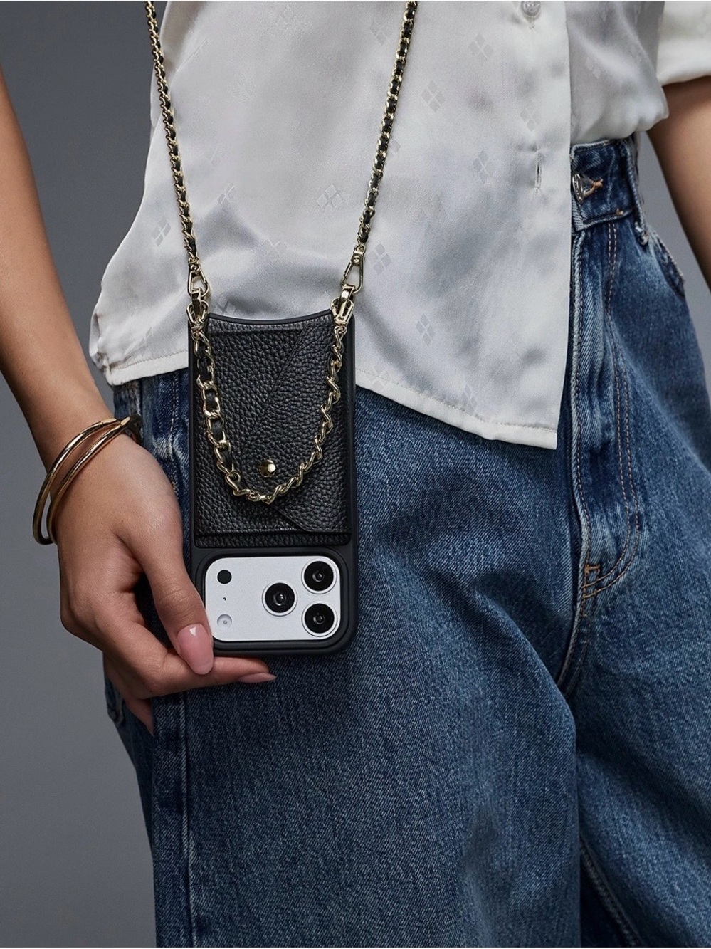 Bandolier Black Leather Phone Crossbody with Gold Chain Accent Lily Duet